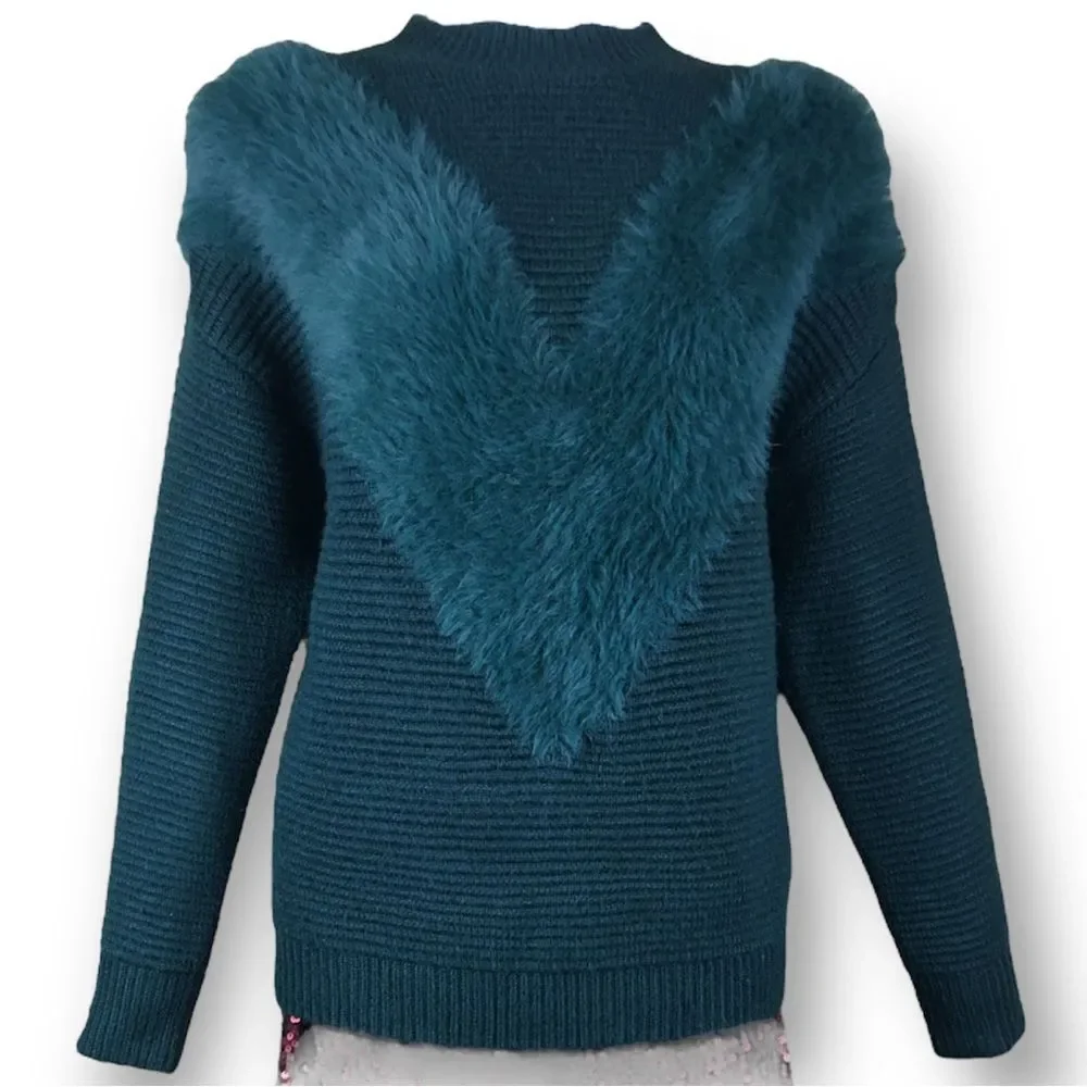 REVOLVE JOA Emerald Faux Fur Knit Sweater Pullover Crewneck Size M